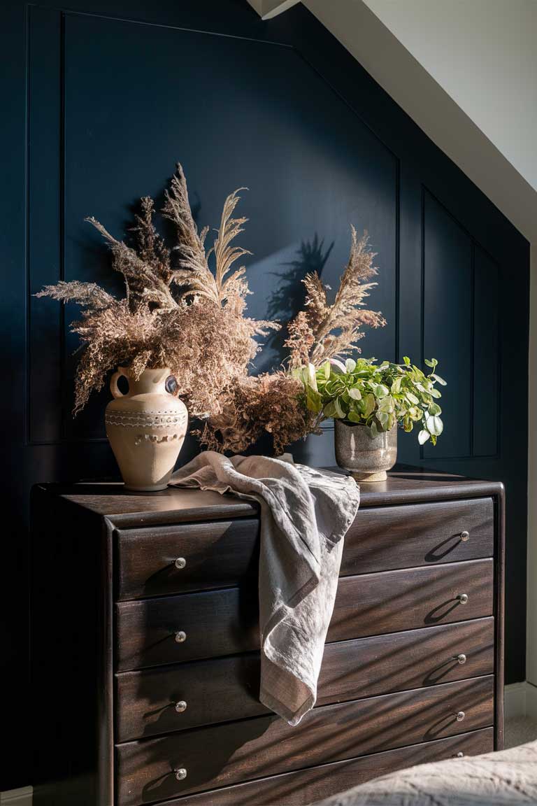 A close-up of a dark wood dresser against a deep navy blue wall. On the dresser, there's a collection of items in muted earth tones: a beige ceramic vase, a light gray linen cloth, and a small potted plant with pale green leaves.