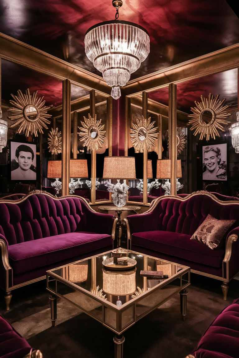 A glamorous tiny living room in Hollywood Regency style. It features a deep purple velvet sofa, a mirrored coffee table, and a crystal chandelier. The walls are adorned with a gold sunburst mirror and black and white photographs of classic Hollywood stars. The room should have a luxurious feel with rich textures and reflective surfaces. Capture this as a realistic interior photograph with warm, dramatic lighting to enhance the glamorous atmosphere.