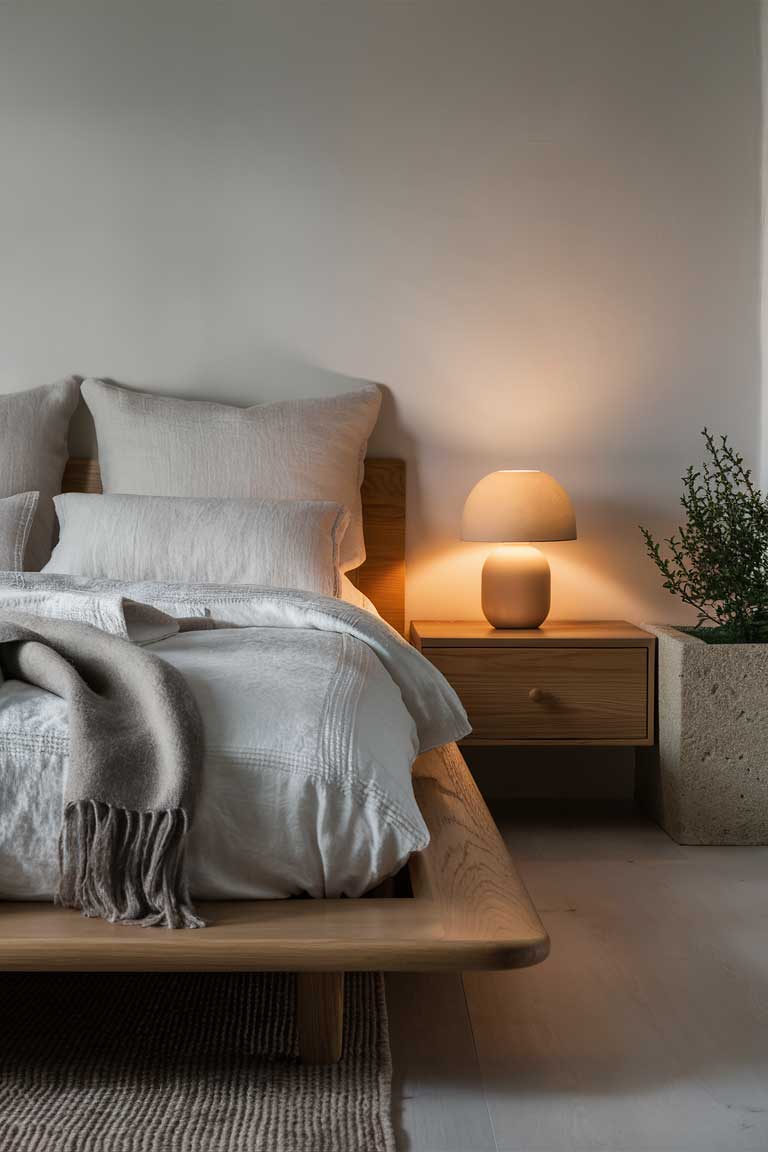 Close-up of a low wooden platform bed with white linens and gray throw, paired with a simple nightstand and ceramic lamp in a japandi small bedroom.