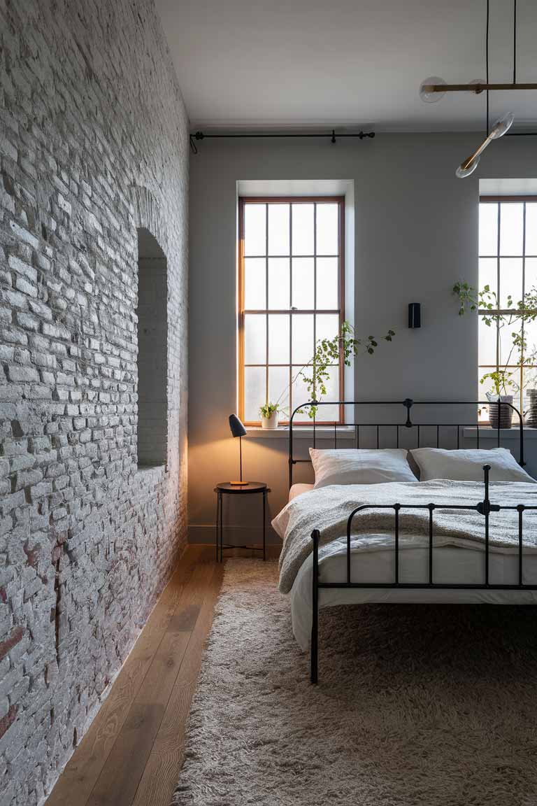 A corner of a minimalist bedroom featuring one wall with exposed brick painted white, contrasting with smooth, light grey painted walls. A simple black metal bed frame stands against the textured brick wall.