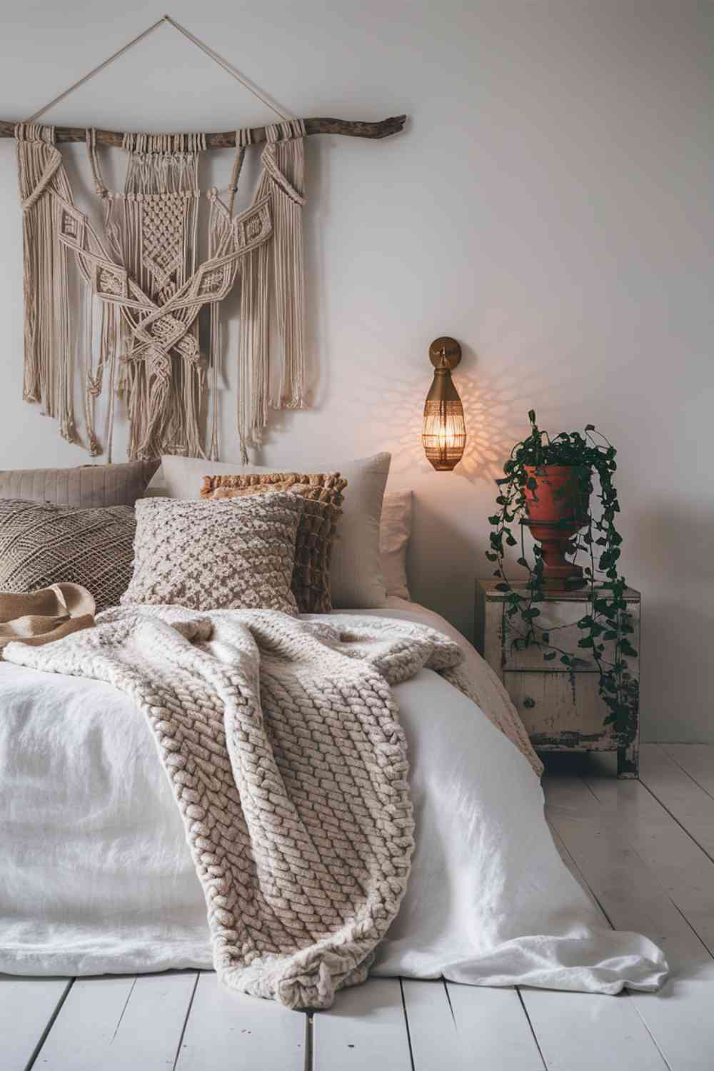 A close-up of a minimalist boho bed with layers of texture. The bed has crisp white linen sheets topped with a chunky knit throw in a natural cream color. Several pillows are visible, including one with a subtle woven pattern and another with macramé detailing. A large macramé wall hanging is visible above the bed, adding visual interest to the white wall.