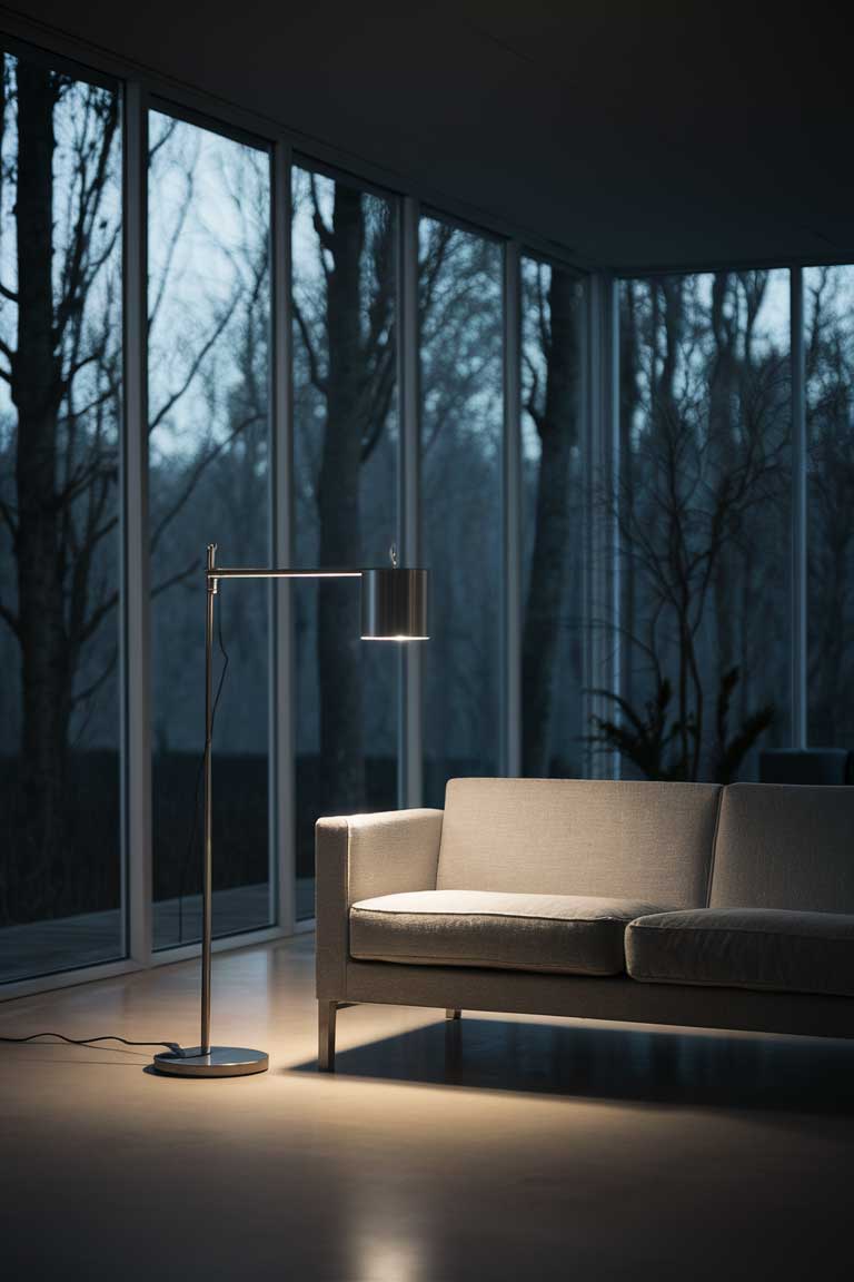 A minimalist living room with floor-to-ceiling windows allowing natural light to flood the space. The only artificial lighting comes from a thin, metallic floor lamp with a slim, cylindrical shade positioned beside a simple, armless sofa.