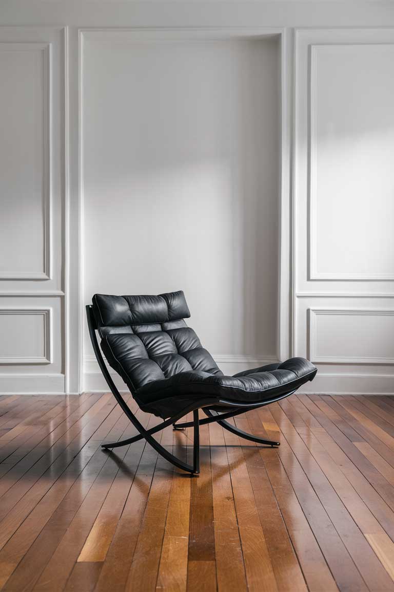 A minimalist living room with white walls and wooden floors, featuring a single, architecturally striking black leather lounge chair as the focal point.