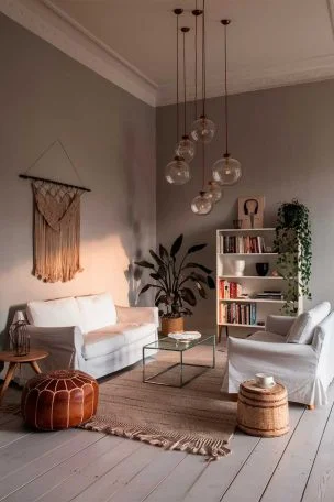 A serene minimalist living room with pale gray walls and white oak flooring. A crisp white sofa is paired with a vintage Moroccan leather pouf and a sleek glass coffee table. A large macramé wall hanging adds texture above the sofa. In the corner, a mid-century modern bookshelf holds a mix of books, art pieces, and trailing plants. A cluster of pendant lights with clear glass globes hangs at varying heights, creating a focal point.