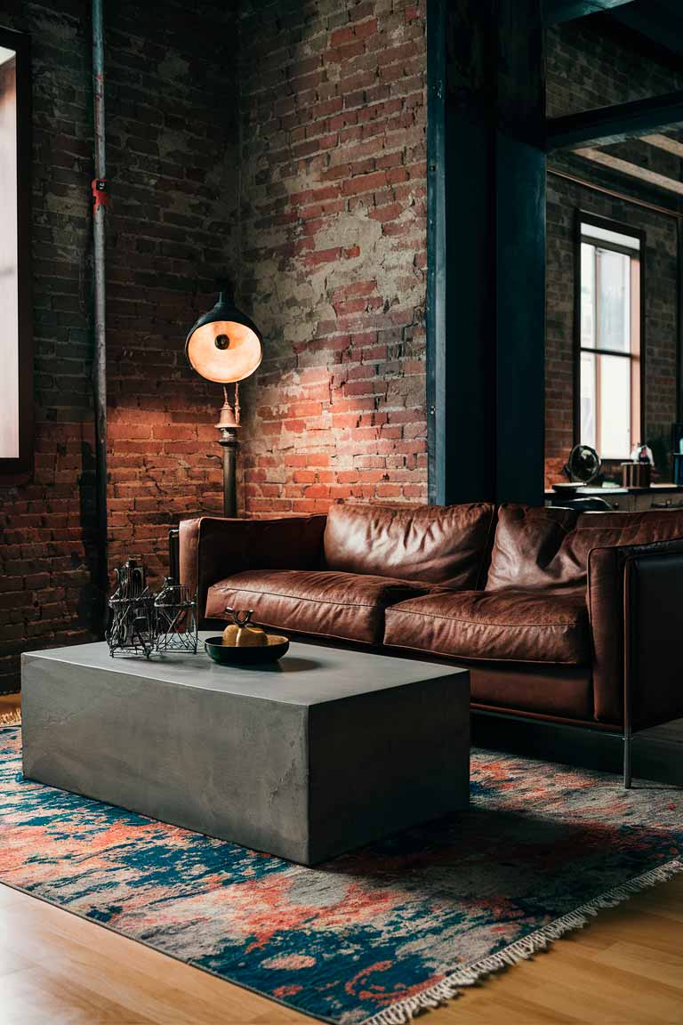 A minimalist living room with exposed brick walls. A deep brown leather sofa sits atop a concrete coffee table, giving the space an industrial-chic vibe. On the wall, a vintage typewriter and a metal floor lamp add eclectic, vintage-inspired elements. A vibrant, abstract area rug grounds the space, tying the industrial and eclectic elements together.