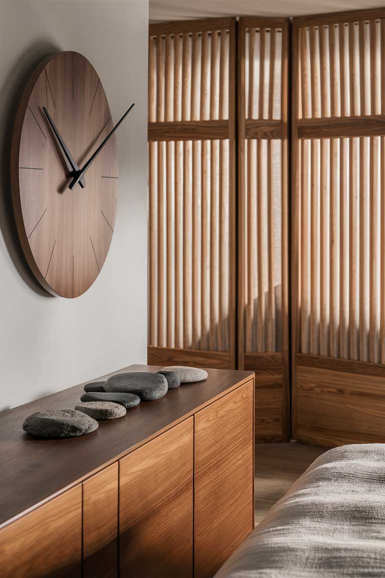 A portion of a bedroom wall featuring a large, minimalist analog clock with a wooden frame and simple black hands. Below it, a wooden console table displays a set of natural stone coasters, their organic shapes and varied grey tones creating a subtle, artistic arrangement. To the side, a portion of a wooden room divider screen is visible, its slatted design allowing light to filter through while defining separate areas of the room.