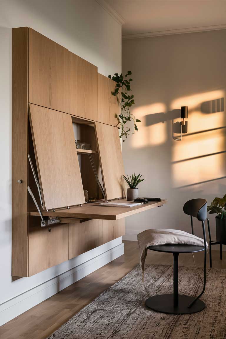 A close-up of a wall-mounted desk in light wood, folded up against the wall. When closed, it looks like a sleek cabinet. Next to it, a simple chair is tucked neatly under a small side table, ready to be pulled out when the desk is in use.