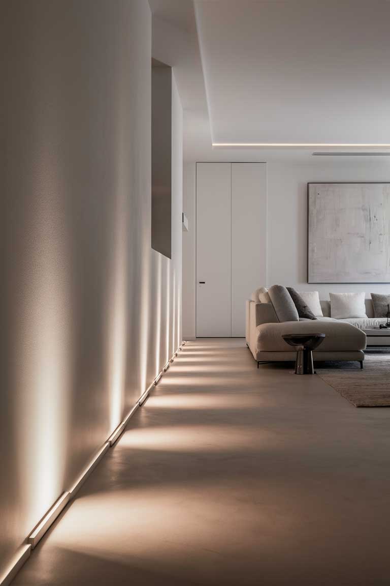 A minimalist living room with hidden floor lighting installed at the base of the walls. The lighting casts an upward glow, subtly illuminating the room's clean white walls and minimalist furniture.