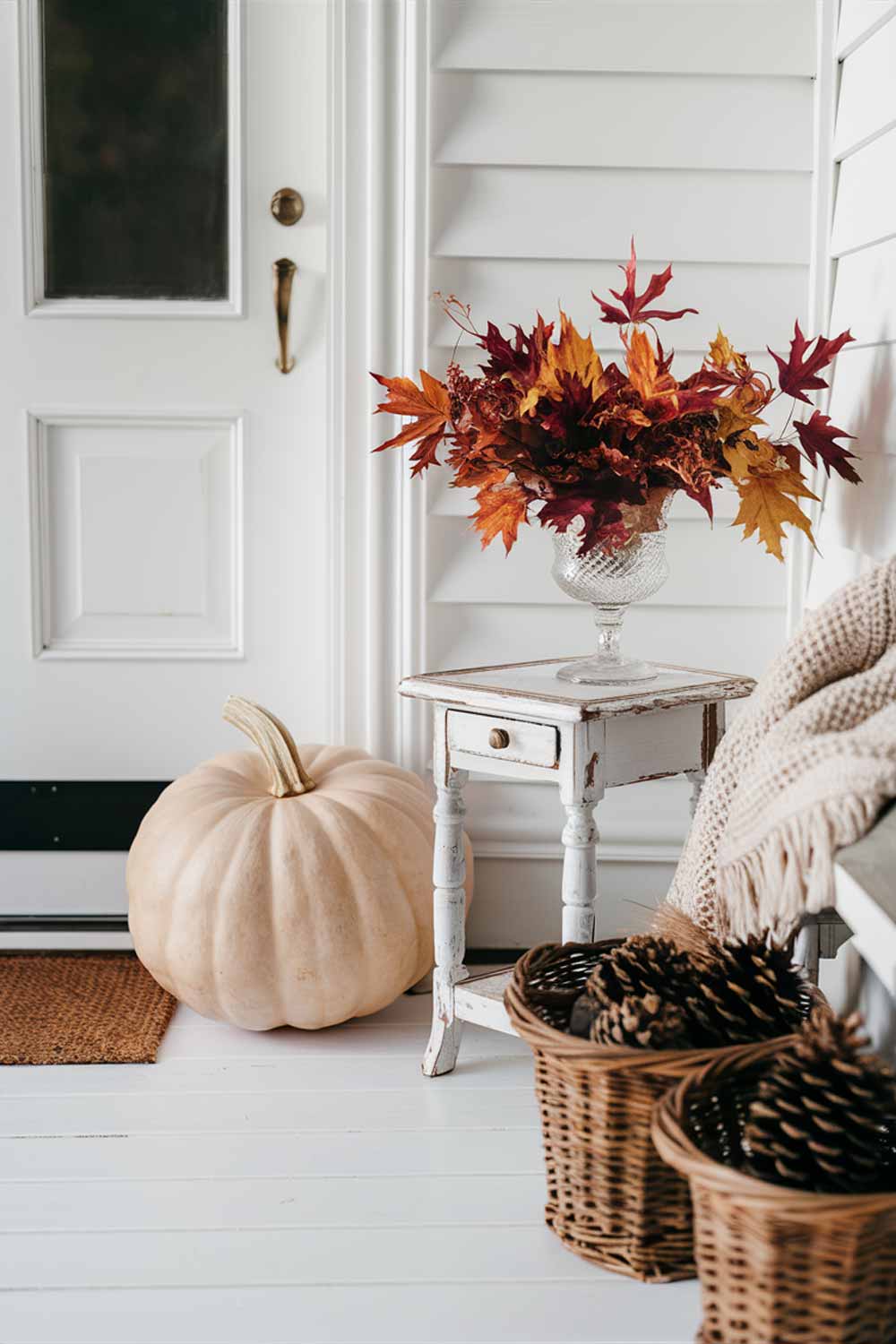 A close-up of a pristine white porch with a single, large, pale orange heirloom pumpkin placed next to the door. A small vase with a few autumn leaves sits on a simple wooden side table, creating a minimalist yet distinctly autumnal vignette.