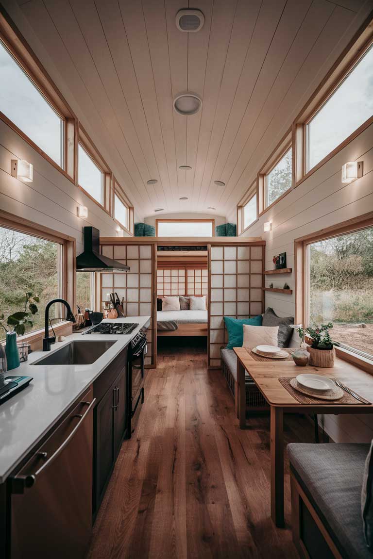 A bright and airy tiny house interior with an open floor plan. The space seamlessly blends a living area, kitchen, and dining nook. Large windows flood the area with natural light, and shoji screens partially separate a sleeping area. The color palette is neutral with warm wood accents.