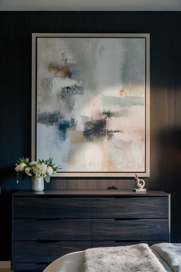 A large, abstract art piece hanging above a dark wood dresser. The artwork features soft, muted colors that complement the room's palette. The canvas is housed in a simple, light wood frame that stands out against the dark wall.