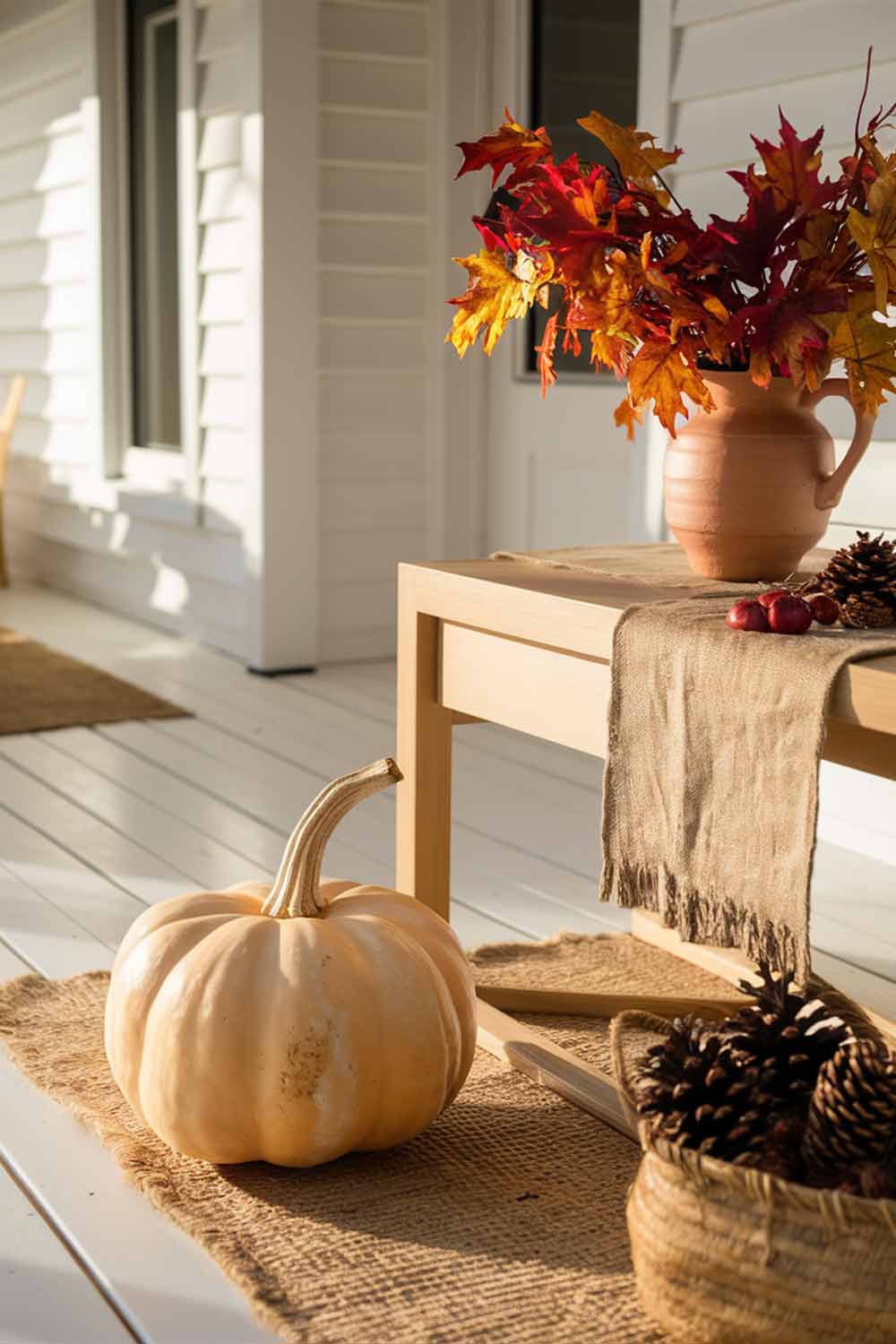 A close-up of a pristine white porch with a single, large, pale orange heirloom pumpkin placed next to the door. A small vase with a few autumn leaves sits on a simple wooden side table, creating a minimalist yet distinctly autumnal vignette.