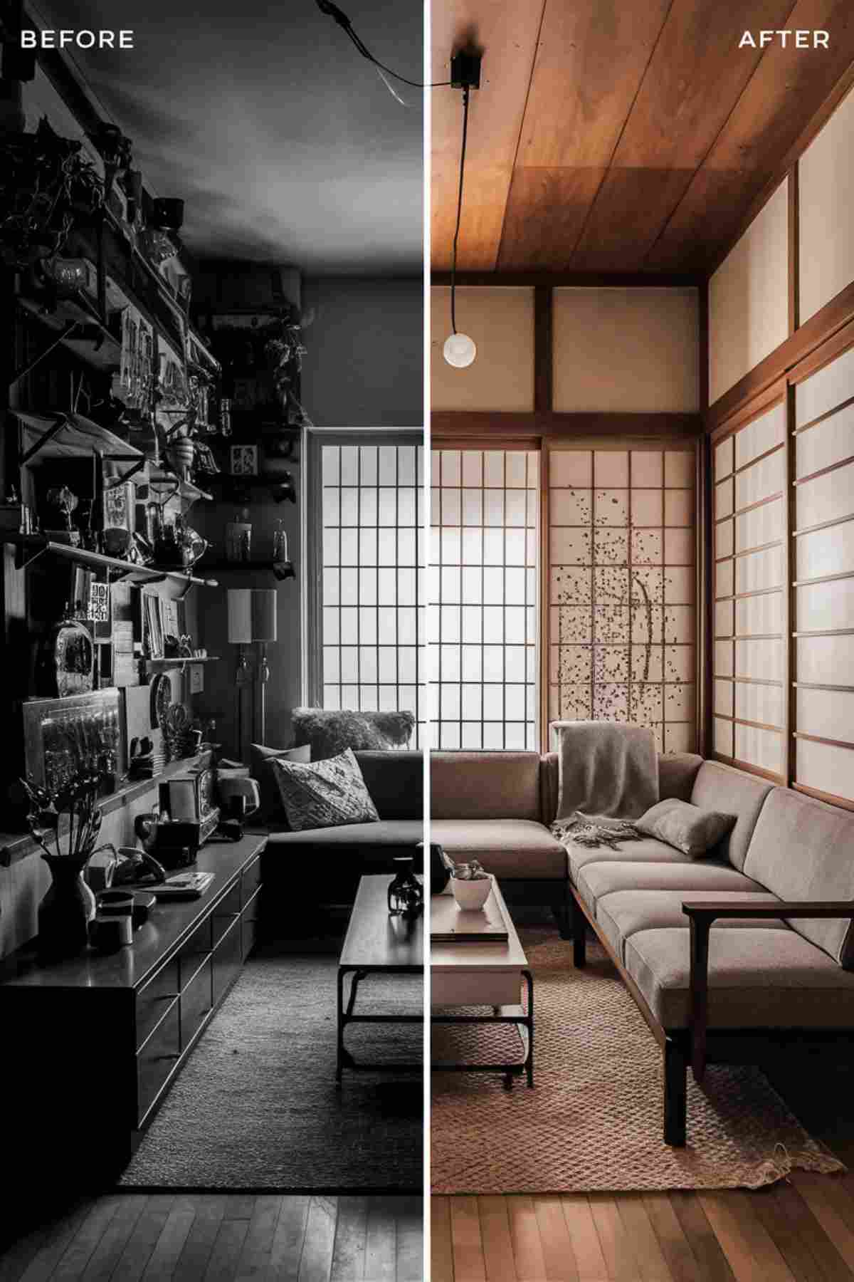 A before-and-after split image of a living room corner. The "before" side shows a cluttered space with multiple decorative objects, while the "after" side displays the same corner transformed into a minimalist Japandi-style space with only a few carefully chosen items.