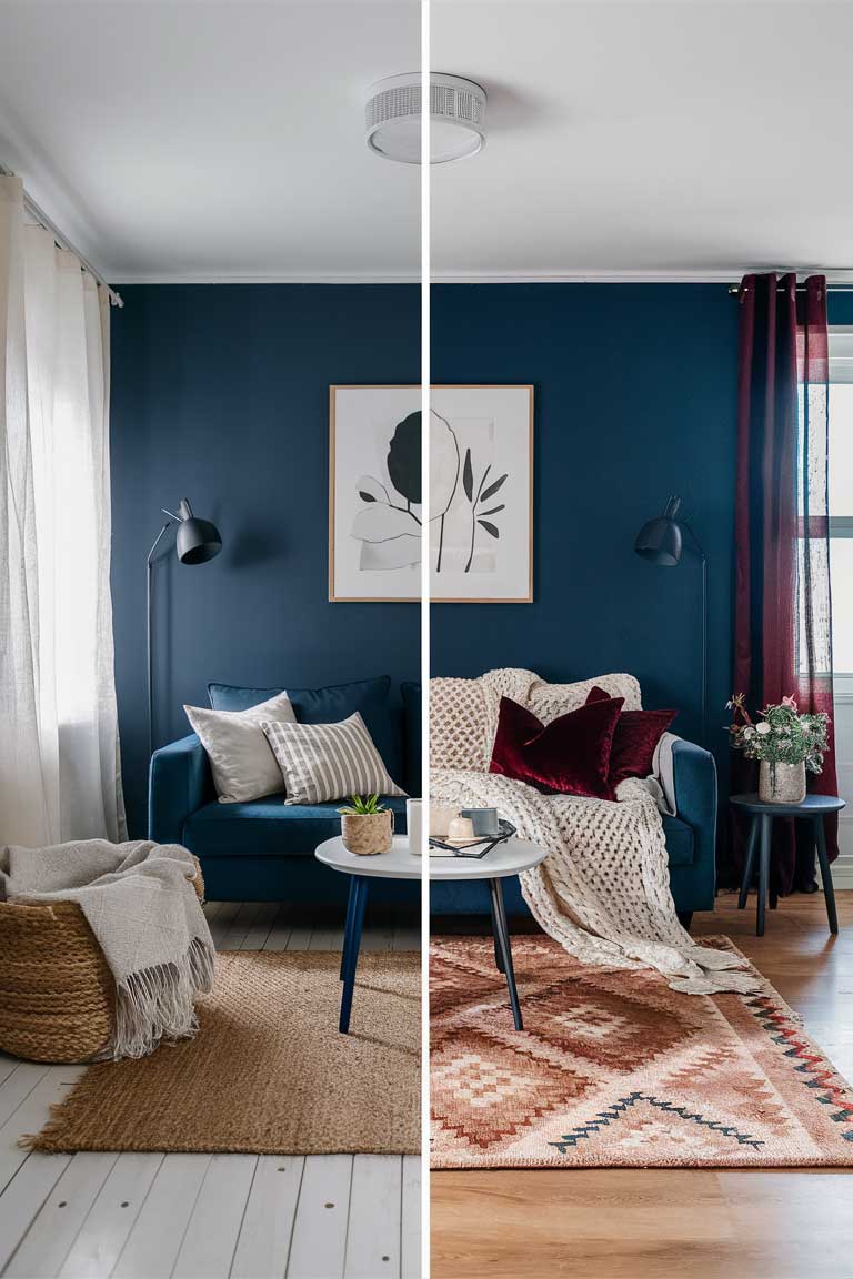 A minimalist navy blue living room shown in a split-screen format to demonstrate seasonal adaptations. On the left, the summer version features white throw pillows, a jute rug, and light curtains. On the right, the winter version shows the same room with a chunky knit throw in cream, velvet pillows in deep burgundy, and a warm-toned area rug. Both versions maintain the navy blue walls and primary furniture pieces, showcasing how small changes can adapt the space for different seasons.