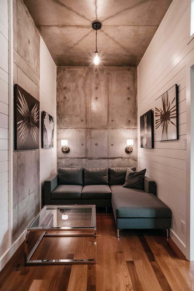 A tiny house living room styled like an urban loft. One wall features exposed concrete, while others are painted in a crisp white. A compact gray sectional sofa sits against one wall. A metal coffee table with a glass top is placed in front. Modern art pieces adorn the walls. A single Edison bulb pendant light hangs from the ceiling, casting a warm glow. The space feels open, industrial, and contemporary.