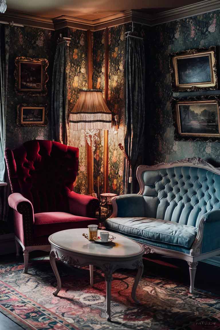 A Victorian-inspired tiny living room. The room features a high-backed, button-tufted armchair in burgundy velvet and a small carved wooden sofa in pale blue fabric. There's an oval-shaped coffee table with cabriole legs in the center. The walls have floral wallpaper, and there are gold-framed paintings hung on them. Include a tall ornate floor lamp with a fringed lampshade and a small crystal chandelier. The photograph should capture the refined elegance of Victorian style adapted to a compact space, with warm lighting highlighting the rich fabrics and intricate details.