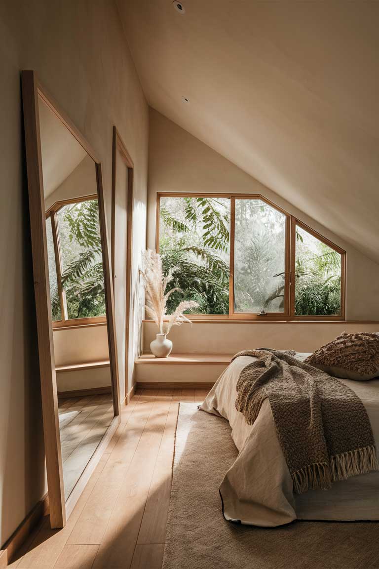 A wide-angle shot of a small bedroom with a large, floor-length mirror leaning against the wall opposite a window. The mirror reflects natural light and the view outside, visually doubling the perceived space of the room. The mirror has a thin frame in light wood, matching the minimalist aesthetic of the space.