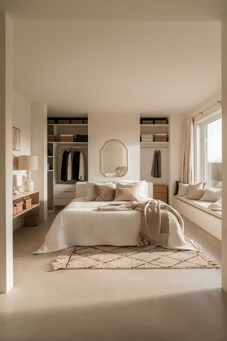 A wide-angle shot of a minimalist bedroom showing clear pathways around the bed and to the closet. The furniture is arranged to maximize floor space, with nothing obstructing movement through the room.