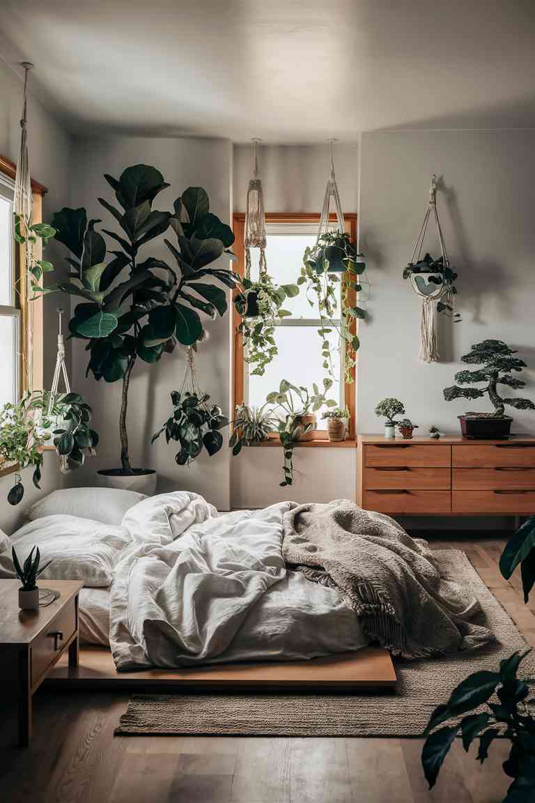 A wide-angle view of a serene Japandi bedroom bathed in soft morning light. The room features a low platform bed with crisp white and beige linens, flanked by simple wooden nightstands. A large fiddle leaf fig tree stands in one corner, while trailing pothos plants hang from macrame holders near the windows. On the opposite wall, a minimalist wooden dresser displays a collection of small succulents and a bonsai tree. The color palette is neutral with warm wood tones, and the overall effect is one of calm, natural beauty - a perfect blend of Japandi style and indoor plant aesthetics.