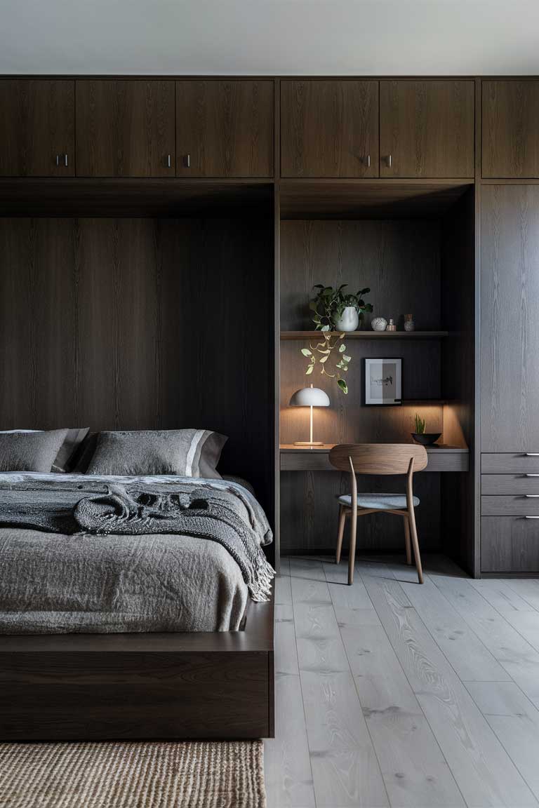 A wide-angle shot of a Japandi bedroom with an open layout. A dark wood bed is the focal point, with built-in storage flanking either side. In one corner, there's a small desk area with a floating shelf above, all in matching dark wood.