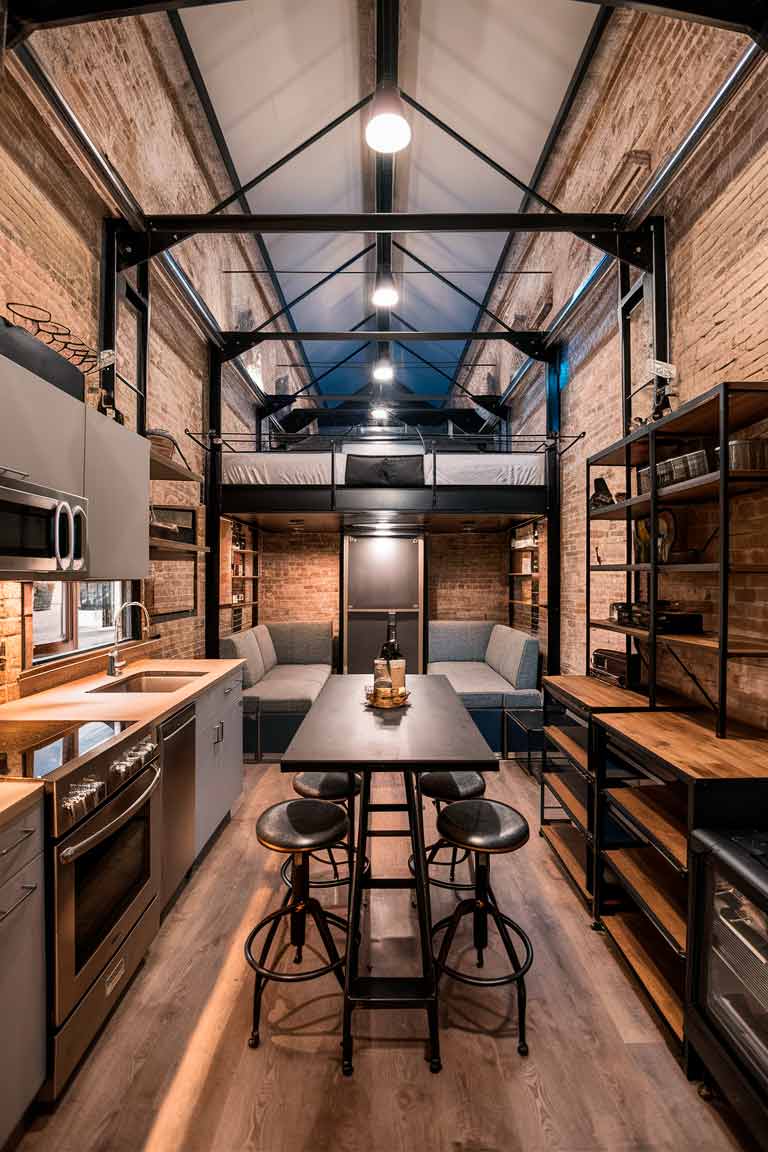 A tiny house interior with a modern industrial aesthetic. The open-plan space features exposed brick walls and steel beams. A sleek kitchen with stainless steel appliances occupies one end of the space. In the center, a high-top dining table with industrial stools serves as both eating and working area. The living area includes a compact sofa that converts into a bed. Metal and wood shelving units provide storage and display space. The color palette is neutral with pops of black and metallic accents.