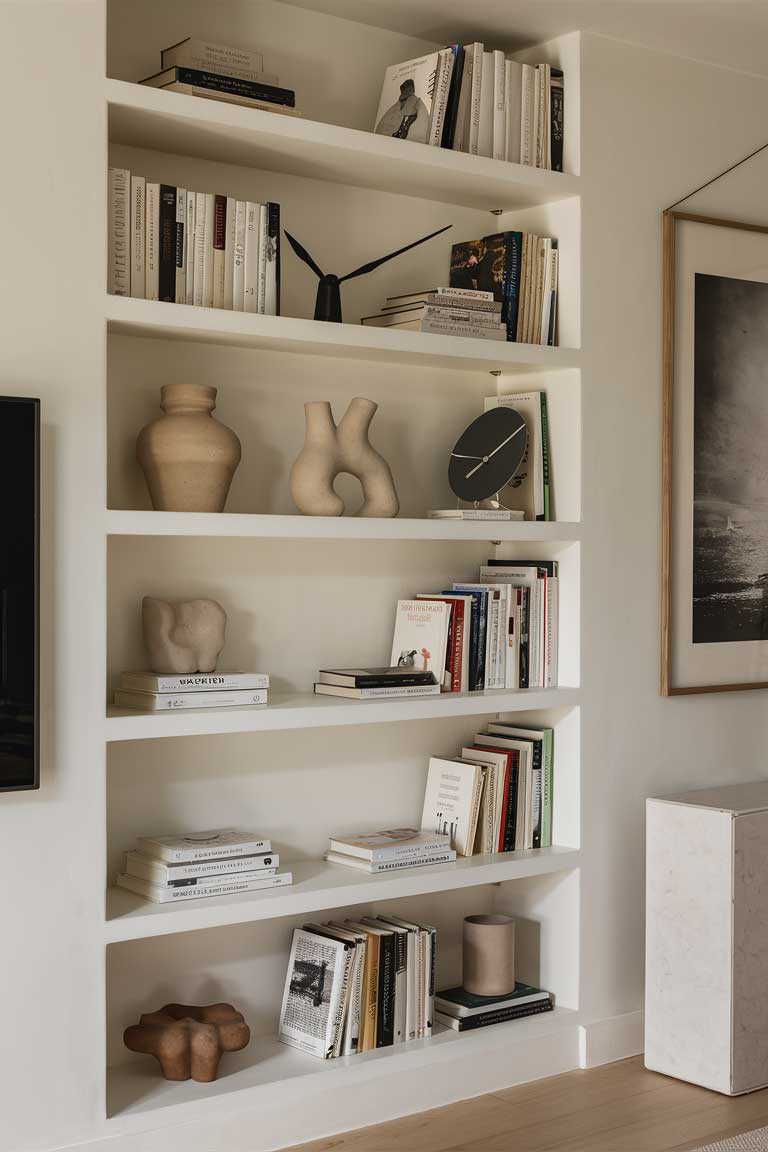 A styled bookshelf in a living room. The white shelves are sparsely populated with books, a few ceramic vases in organic shapes, and a minimalist black and white clock.