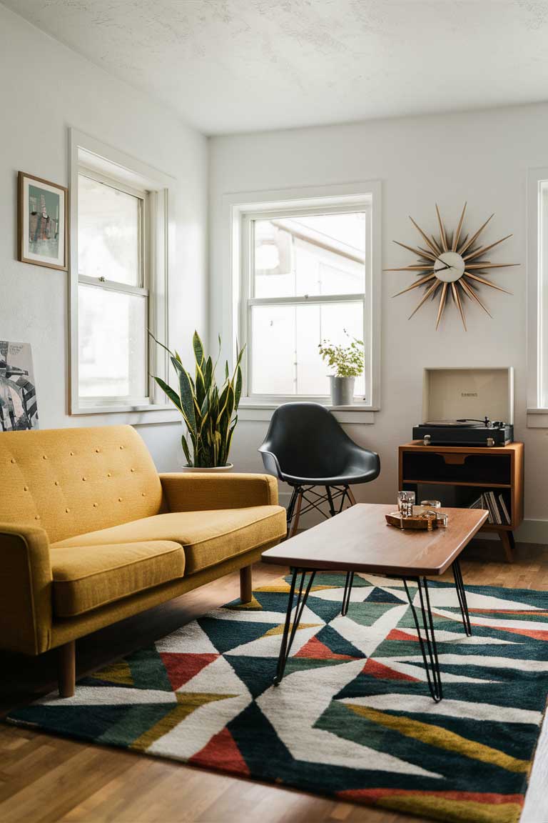 A mid-century modern tiny living room. The room features a low-profile mustard yellow sofa, a teak coffee table with hairpin legs, and an Eames chair. On the wall, hang a starburst clock. Include a vintage record player on a side table and a potted snake plant in the corner. The floor should have a geometric rug in bold colors. The photograph should capture the clean lines and bold colors of mid-century modern design in a bright, airy small space.