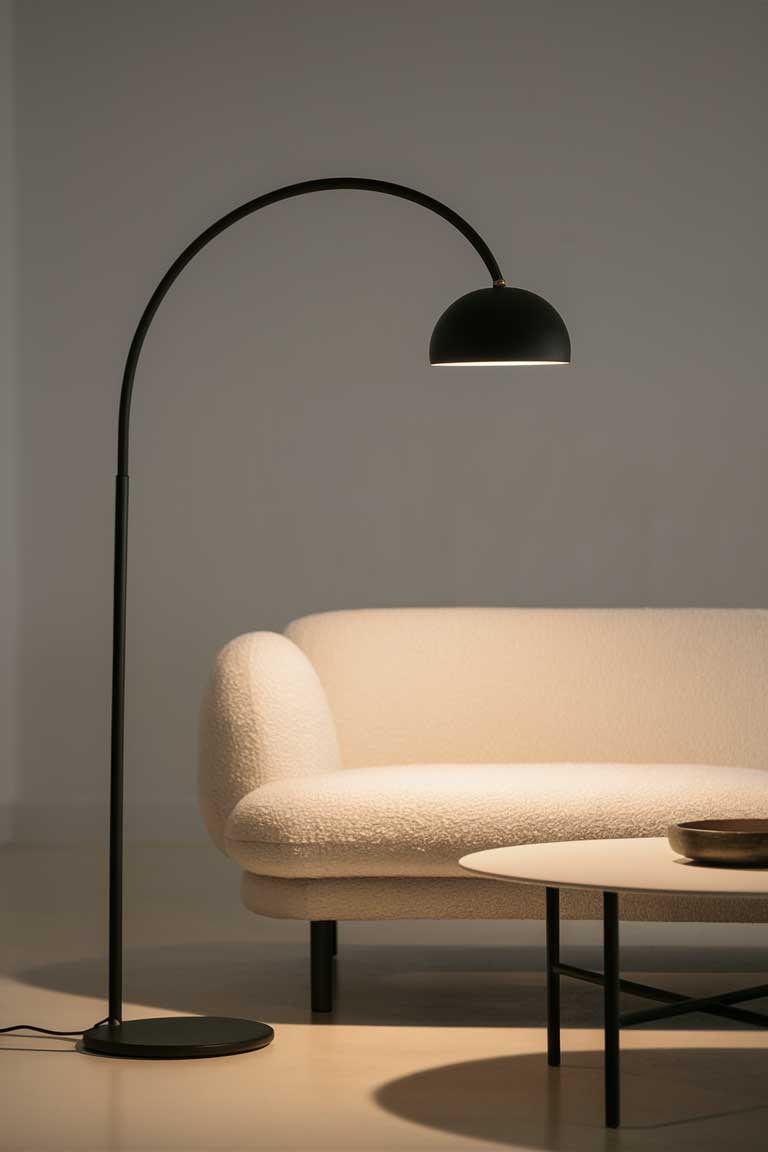 A minimalist living room with a large, matte black arc floor lamp positioned beside a low, white sofa. The lamp has a slim profile and a small, round shade that provides focused lighting over a simple coffee table.