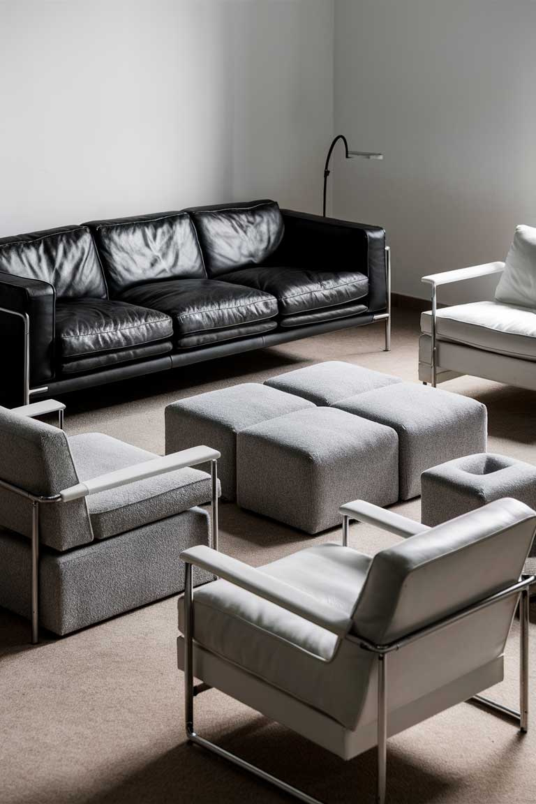 A black and white living room with a low-profile black leather sofa, white armchairs with metal frames, and gray modular seating.