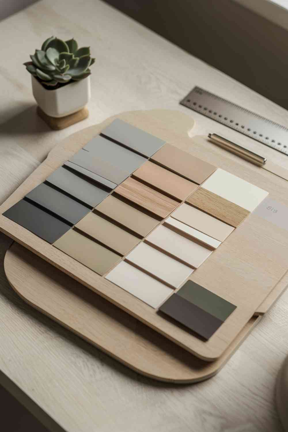 A color palette board showcasing Japandi-inspired hues, including swatches of soft gray, warm beige, light oak, crisp white, and a touch of charcoal. The board is arranged on a light wooden surface with a small potted succulent in the corner for context.