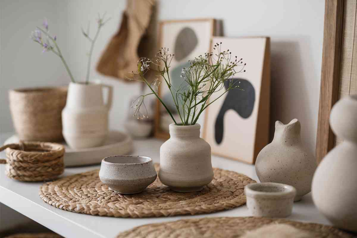 A close-up view of a stylish Japandi-themed shelf with a variety of handcrafted ceramics, including a minimalist vase with delicate flowers, a small bowl with a textured surface, and a ceramic sculpture with an organic shape. A few pieces of abstract wall art or a framed print in the background. Aslo, there are woven accessories such as a small, natural fiber basket and a textured woven placemat.