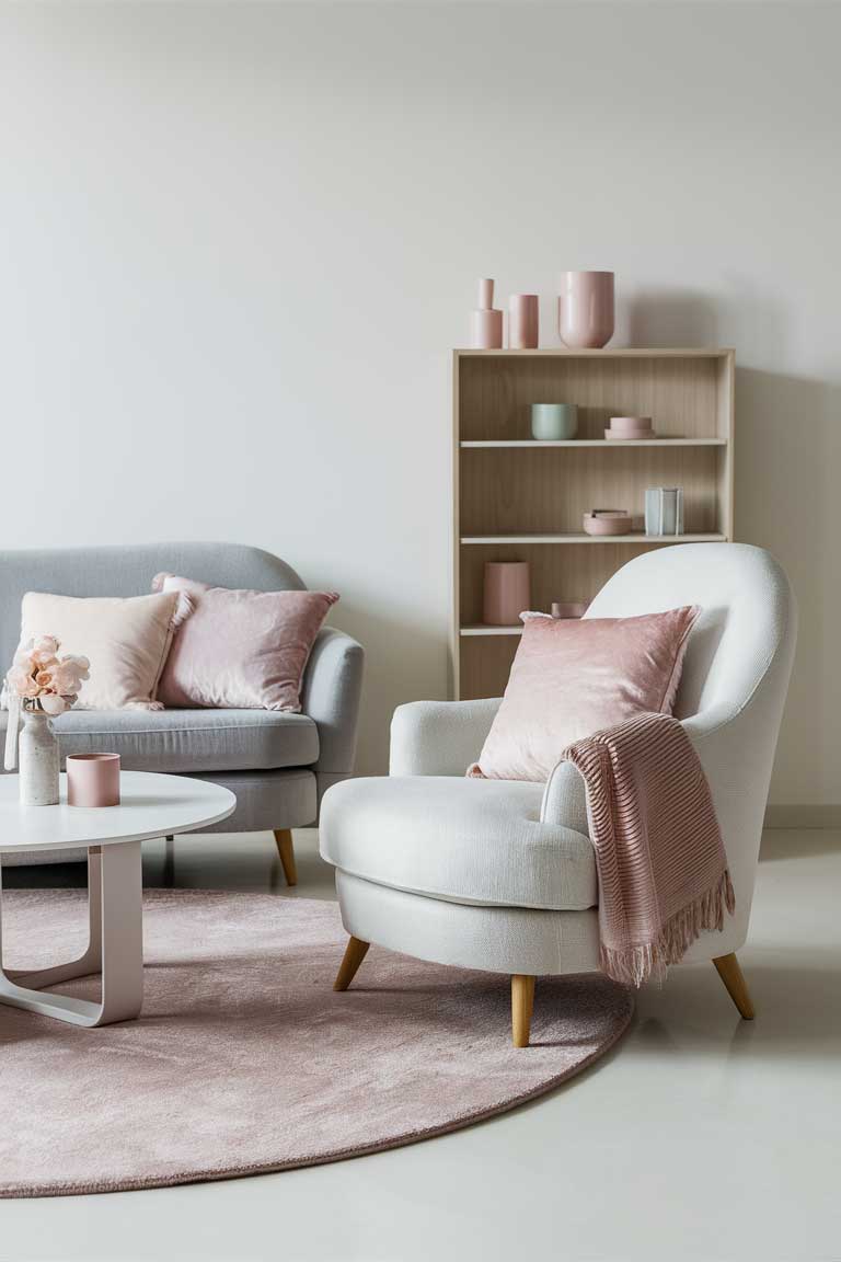 A minimalist living room with a light gray sofa, a white armchair with pastel-colored cushions, and a light wood bookshelf holding a few pastel-toned decor items. The room features a round, white coffee table and a soft blush rug.