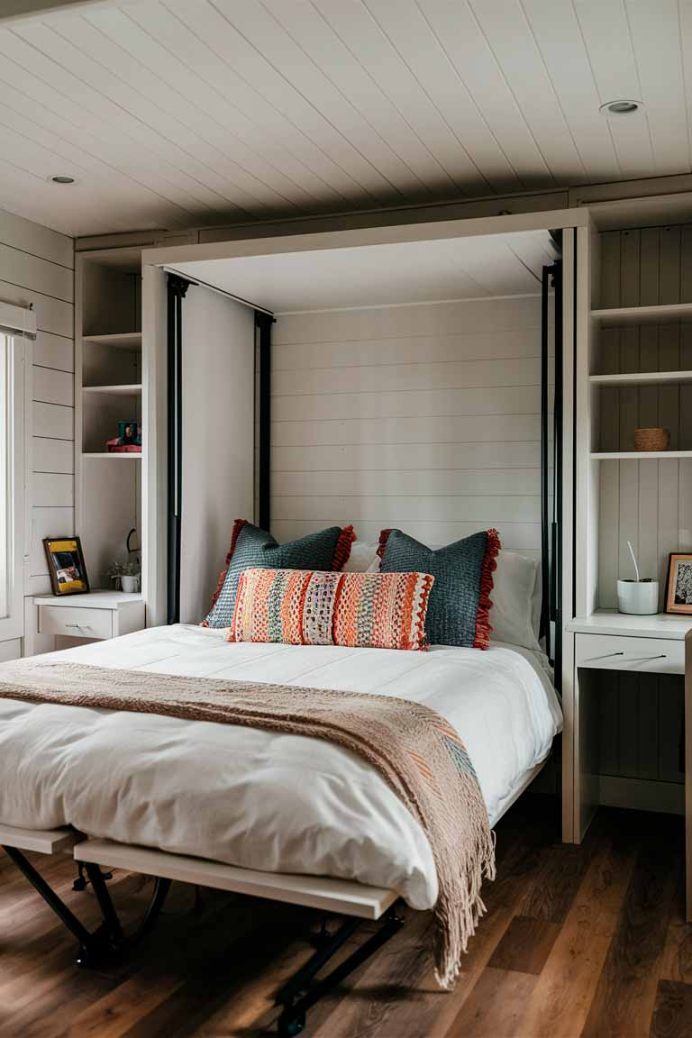 A stylish Murphy bed in a tiny house setting. The bed is dressed in crisp white linens with colorful throw pillows. The surrounding walls have built-in shelving and a small desk area.