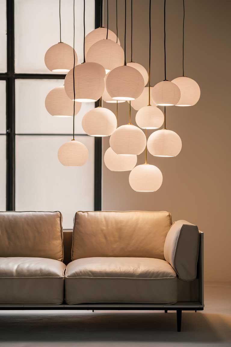 A minimalist living room with a neutral-colored low-profile sofa. Above it, a cluster of small, white spherical pendant lights hang at different heights, creating a focal point in the room.