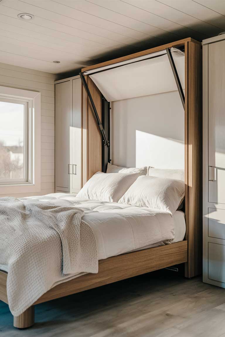 A stylish tiny house interior with a Murphy bed. The bed has a modern wooden frame and is dressed in crisp white linens. The room has a minimalist design with light colors and a large window letting in natural light.