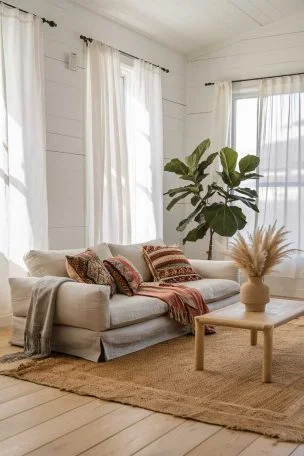 A sun-drenched living room with white walls and light wooden floors. A low-profile beige linen sofa adorned with colorful bohemian throw pillows sits on a natural jute rug. A simple wooden coffee table holds a ceramic vase with dried pampas grass. In the corner, a large fiddle leaf fig tree adds a burst of green. Sheer white curtains billow gently from floor-to-ceiling windows.