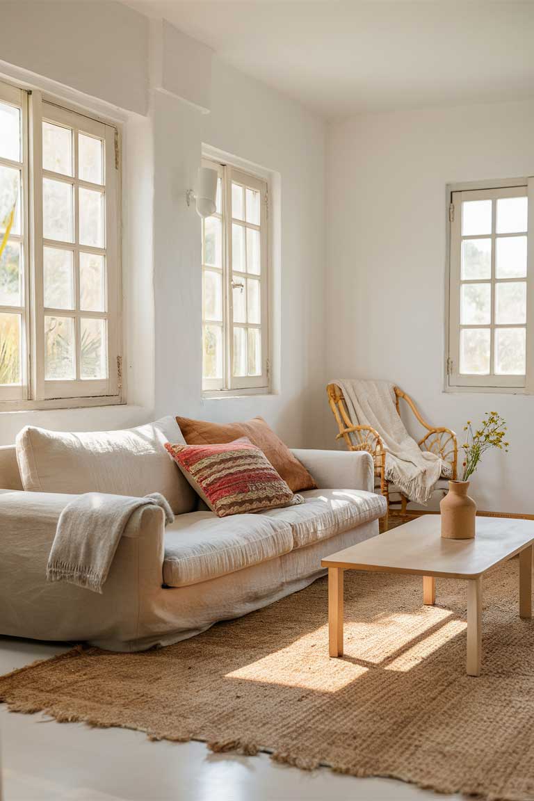 A sunlit living room with white walls and large windows. A low-profile beige linen sofa adorned with a few colorful throw pillows sits on a natural jute rug. A simple wooden coffee table holds a single ceramic vase with wildflowers. In the corner, a rattan chair is draped with a soft throw.