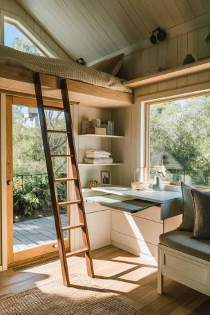 A sunlit tiny house bedroom with a loft bed accessed by a wooden ladder. Below the loft, a compact workspace features a fold-down desk and floating shelves. Soft, neutral colors and natural textures create a calm atmosphere, while a large window offers a view of lush greenery outside.