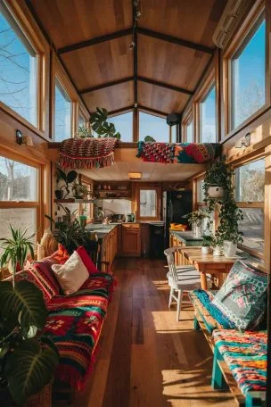 A sunlit tiny house interior with an open floor plan. The space features a mix of colorful textiles, plants, and eclectic furniture. Natural light streams through large windows, highlighting the warm wood tones and vibrant decor. The overall atmosphere is cozy, inviting, and full of personality.