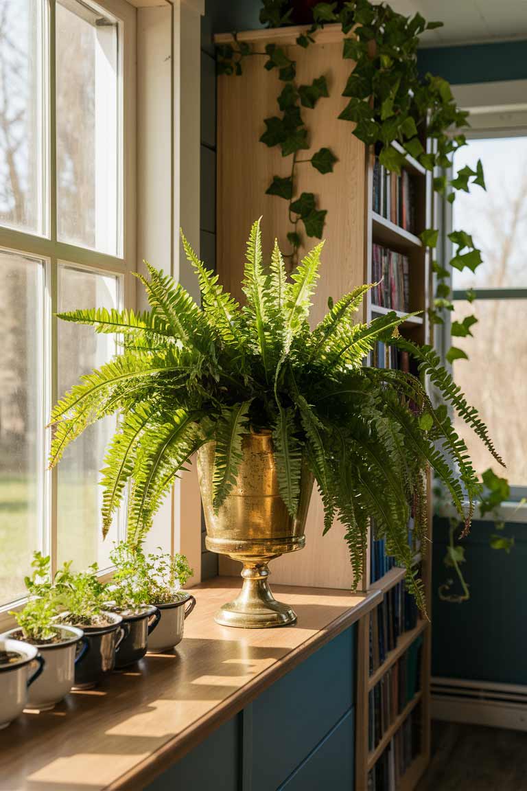 A sunny corner of a tiny house featuring a large fern in an antique brass planter. On a nearby windowsill, a row of vintage enamelware cups holds small herb plants. Trailing ivy cascades from the top of a tall bookshelf in the background.