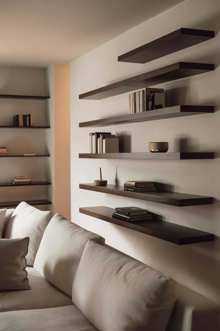 A minimalist living room with a wall featuring sleek wood floating shelves. 