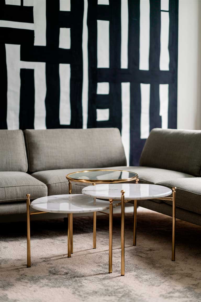 A small elegant living room featuring a glass coffee table with a gold frame. Next to it are two marble-topped nesting tables with slim brass legs. The tables are positioned in front of a compact grey sofa, and a large piece of abstract art hangs on the wall behind.]