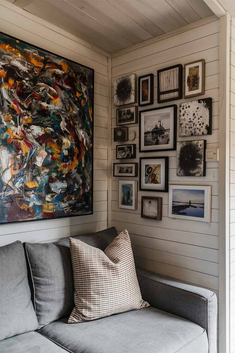 A tiny house living room with a stunning large-scale abstract painting dominating one wall. The painting features bold colors that complement the room's neutral palette. On another wall, a carefully curated gallery of smaller art pieces and photographs creates an interesting focal point. The art adds depth and character to the small space without overwhelming it.