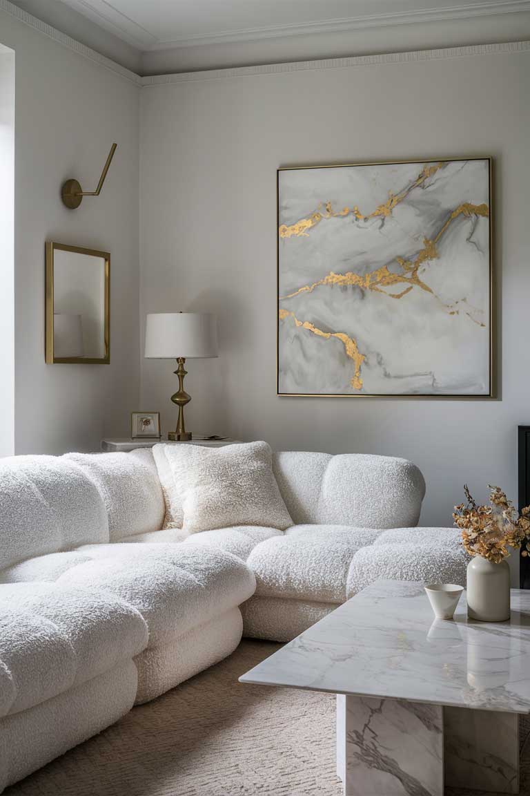 A minimalist living room with a plush white sofa, a marble-top coffee table, and a few gold-accented decor pieces. A large abstract painting in shades of white and gold hangs on the wall.