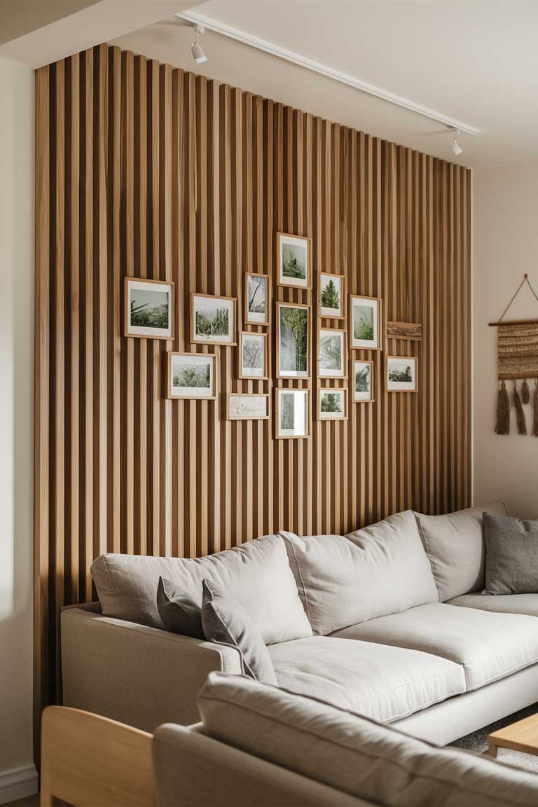 A living room featuring a wooden slat feature wall. The slats are light-colored wood, creating a warm, textured backdrop. A few small, framed nature photographs and a woven wall hanging are arranged on the slats in a minimalist gallery style. The rest of the room is simply furnished with a linen sofa and a wooden coffee table, allowing the feature wall to be the focal point.