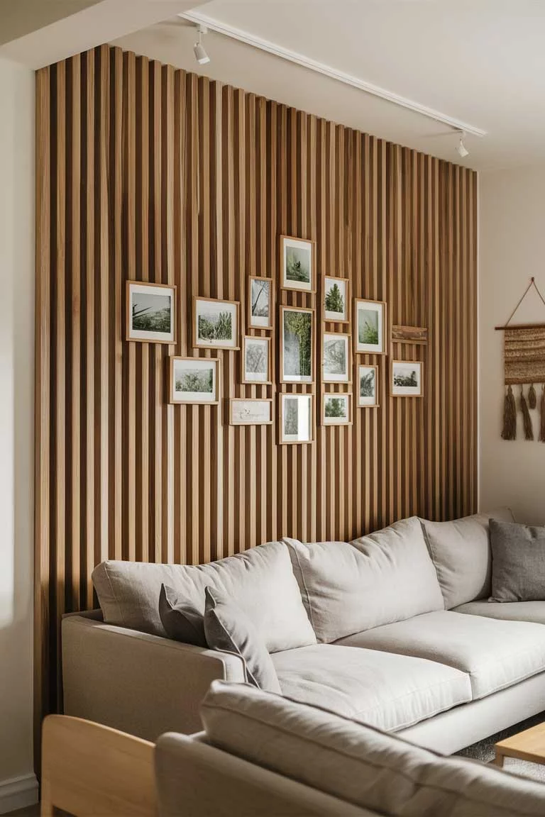 23 Minimalist Organic Living Room Ideas: Nature Indoors 13 A living room featuring a wooden slat feature wall. The slats are light-colored wood, creating a warm, textured backdrop. A few small, framed nature photographs and a woven wall hanging are arranged on the slats in a minimalist gallery style. The rest of the room is simply furnished with a linen sofa and a wooden coffee table, allowing the feature wall to be the focal point.