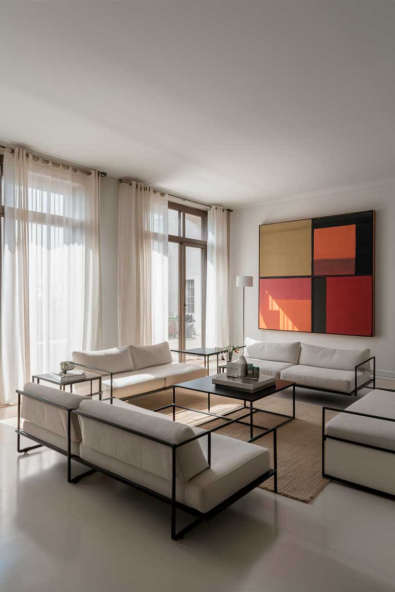 A minimalist chic small living room with clean lines and a neutral palette. A low-profile white sofa, sleek black metal coffee table, and floor-to-ceiling windows framed by sheer white curtains. A large, colorful piece of modern art hangs on one wall, providing the only pop of color in the room.