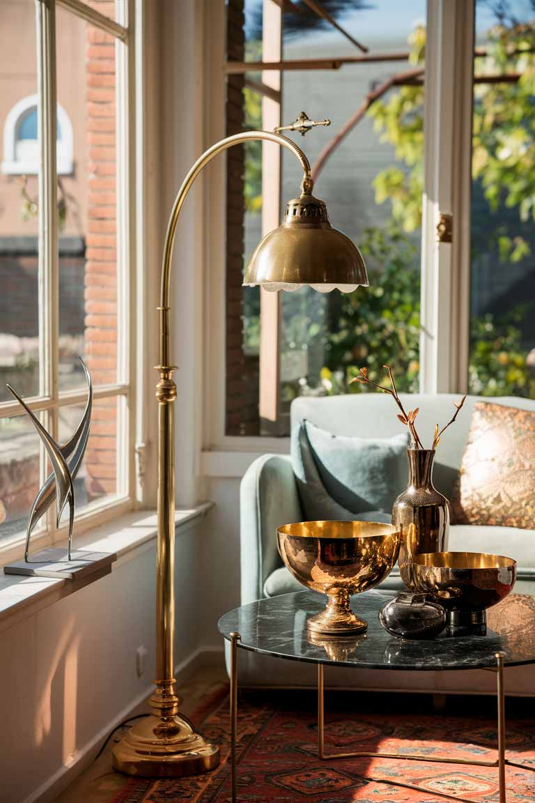 A small elegant living room with a unique arching floor lamp in brass finish. On the coffee table, a group of decorative bowls and vases in various metallic finishes creates an eye-catching display. A small, modern sculpture sits on a side table, adding an artistic touch to the space.