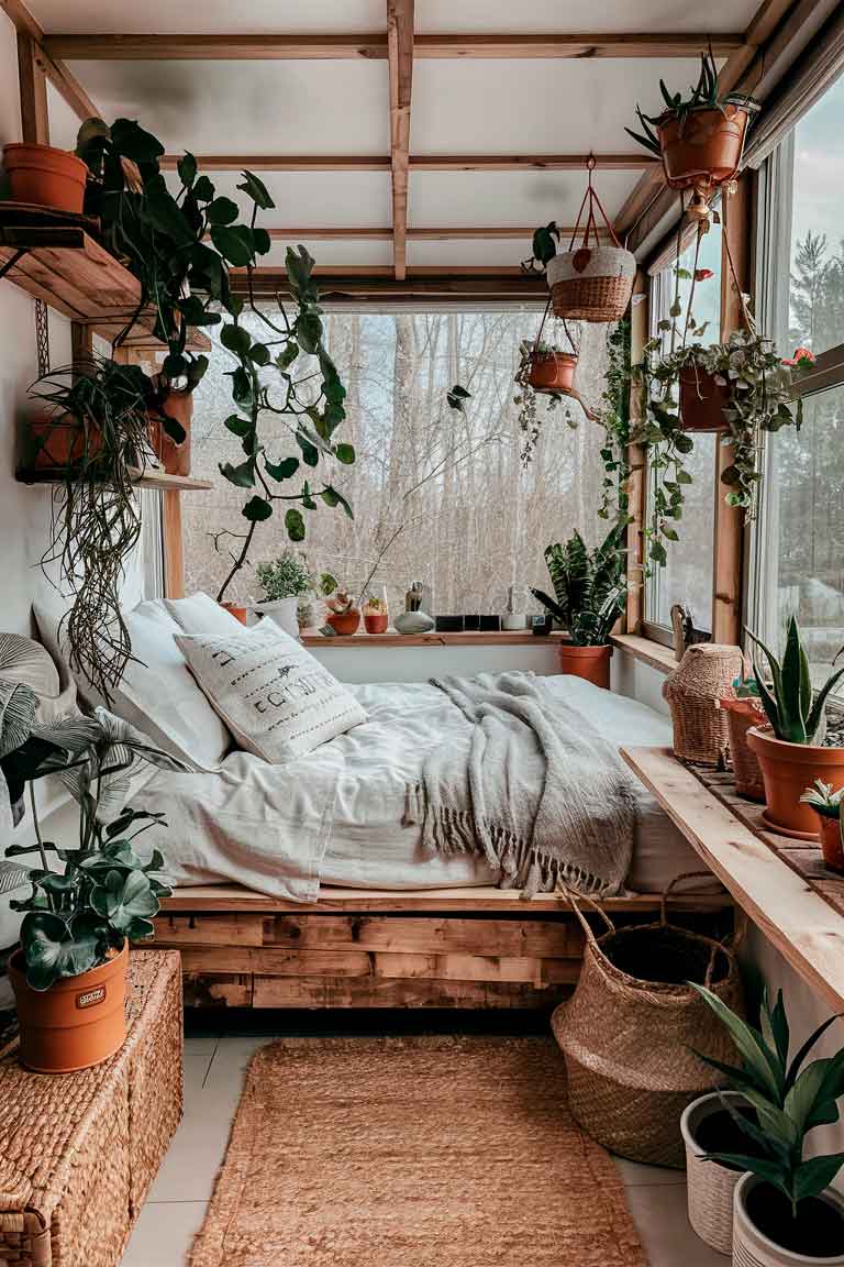 A tiny bedroom filled with natural elements. Various potted plants, including succulents and trailing vines, are placed on shelves and hanging planters. The bed frame is made of reclaimed wood. Woven baskets and a jute rug add natural texture. Large windows frame a view of trees outside.