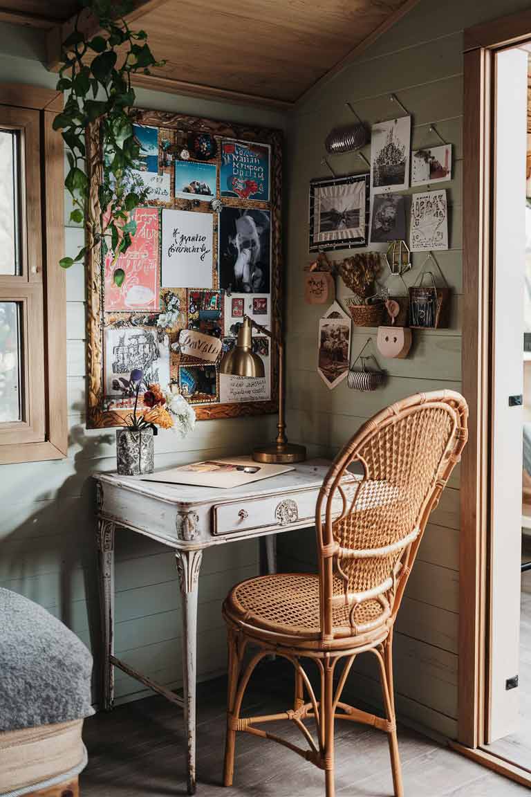 A tiny corner workspace in a boho-styled tiny house. A small, ornate vintage writing desk sits against a wall, paired with a rattan peacock chair. Above the desk, an eclectic inspiration board displays colorful postcards, inspiring quotes, and personal photographs. A brass task lamp sits on the desk, providing focused lighting. A trailing plant hangs from the ceiling, adding a touch of nature to the compact work area.